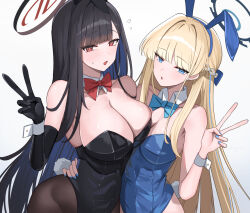 2girls alternate_costume animal_ears arm_around_waist bare_shoulders black_gloves black_hair black_leotard blonde_hair blue_archive blue_bow blue_bowtie blue_eyes blue_halo blue_leotard blue_nails blush bow bowtie breasts cleavage detached_collar elbow_gloves fake_animal_ears gloves halo hand_up large_breasts leotard long_hair looking_at_viewer multiple_girls nail_polish official_alternate_costume open_mouth playboy_bunny rabbit_ears red_bow red_bowtie red_eyes rio_(blue_archive) shougun_(chuckni1) toki_(blue_archive) toki_(bunny)_(blue_archive) v wrist_cuffs