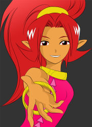 1girl bodysuit bracelet dark-skinned_female dark_skin din female_focus jewelry long_hair lots_of_jewelry nintendo pointy_ears red_eyes red_hair smile solo the_legend_of_zelda the_legend_of_zelda:_oracle_of_seasons