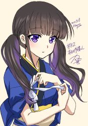 1girl 2022 artist_self-insert black_hair blue_dress blue_kimono blush dated dress highres inoue_takina japanese_clothes kanna_(plum) kimono long_hair looking_at_viewer lycoris_recoil multicolored_hair numbered open_mouth purple_eyes signature simple_background streaked_hair twintails waitress