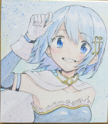 1girl absurdres armlet armpits bare_shoulders blue_eyes blue_hair blue_shirt blue_sleeves cape collarbone collared_cape detached_sleeves dot_nose floating_hair fortissimo frilled_shirt frills gloves grin hair_between_eyes hair_ornament hairclip happy high_collar highres jewelry light_blush long_sleeves looking_at_viewer magical_girl mahou_shoujo_madoka_magica mahou_shoujo_madoka_magica_(anime) miki_sayaka miki_sayaka_(magical_girl) musical_note musical_note_hair_ornament shirt short_hair smile solo strapless strapless_shirt tareme traditional_media ultimate_magnum upper_body white_cape white_gloves wind