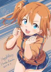Rule 34 | 1girl, birthday, blue eyes, blue skirt, blush, character name, dated, english text, hair ornament, hands up, happy birthday, highres, jacket, kosaka honoka, leaning forward, long sleeves, looking at viewer, love live!, love live! school idol project, one side up, open mouth, orange hair, orange jacket, sen (sen0910), short hair, skirt, solo, star (symbol), star hair ornament, teeth, upper teeth only, zipper