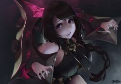 Rule 34 | absurdres, artist name, bare shoulders, black bodysuit, black hair, bodysuit, braid, braided ponytail, breasts, briar (league of legends), briar (league of legends) (cosplay), closed mouth, commission, cosplay, cowboy shot, edkov, elsa granhilte, eyebrows, eyelashes, from above, hands up, highres, large breasts, league of legends, licking lips, lipstick, long hair, looking at viewer, looking up, makeup, mole, mole under eye, naughty face, nose, pale skin, purple lips, re:zero kara hajimeru isekai seikatsu, red eyes, smile, stocks, tongue, tongue out