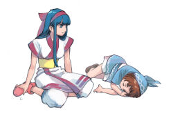 Rule 34 | 2girls, ainu clothes, arm support, blue eyes, blue hair, breasts, brown hair, closed eyes, feet, hair ribbon, highres, legs, long hair, looking at viewer, lying, medium breasts, multiple girls, nakoruru, pants, ribbon, rimururu, samurai spirits, shoes, short, short hair, siblings, sisters, sitting, sleeping, smile, snk, thighs