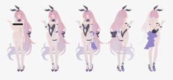 1girl absurdres alternate_costume animal_ears ass bar_censor black_leotard black_ribbon blue_eyes breasts censored clothing_cutout elysia_(honkai_impact) fake_animal_ears fake_tail from_behind hair_ribbon high_heels highres honkai_(series) honkai_impact_3rd incredibly_absurdres large_breasts leotard long_hair multiple_views navel navel_cutout pantyhose pink_hair pmg rabbit_ears rabbit_tail ribbon smile tail thigh_strap topless_female very_long_hair white_background white_pantyhose