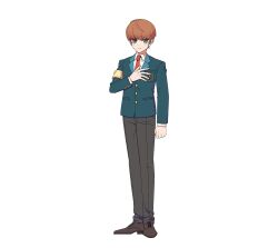 1boy armband bad_source black_pants brown_hair closed_mouth collared_shirt frown full_body green_jacket hand_on_own_chest highres jacket kang_u-bin long_sleeves looking_at_viewer male_focus necktie official_art pants red_necktie school_uniform shirt shoes short_hair simple_background solo standing white_background white_shirt zombie_high_school