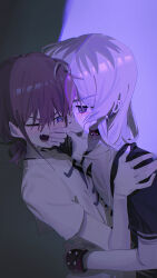 2girls absurdres black_shirt blue_eyes blush bracelet brown_hair classroom commentary english_commentary fang girls_band_cry grey_eyes grey_hair hand_on_another&#039;s_face highres hug iseri_nina jewelry kawaragi_momoka long_hair low_twintails multiple_girls one_eye_closed open_mouth shikai_no_sumi_kuchiru_oto shirt short_hair short_sleeves short_twintails skin_fang spiked_bracelet spikes twintails white_shirt ydpfa yuri