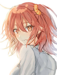 1girl absurdres ahoge backlighting blush breasts chaldea_uniform commentary eyelashes fate/grand_order fate_(series) from_behind fujimaru_ritsuka_(female) hair_between_eyes hair_ornament hair_scrunchie highres looking_at_viewer looking_back medium_hair mfps30521 one_side_up orange_eyes orange_hair orange_scrunchie parted_lips portrait scrunchie shirt side_ponytail solo white_background white_shirt