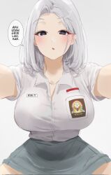 1girl arumanis breasts character_name collarbone collared_shirt commentary_request corrupted_twitter_file grey_hair grey_skirt highres indonesian_commentary indonesian_flag indonesian_high_school_uniform indonesian_text large_breasts looking_at_viewer medium_hair miniskirt name_tag original parted_lips purple_eyes school_uniform shirt shirt_tucked_in short_sleeves simple_background skirt solo speech_bubble translation_request white_background white_shirt