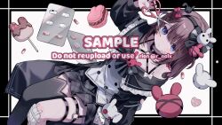 Rule 34 | 1girl, animal-themed food, bandaid, bandaid on knee, bandaid on leg, bare shoulders, black border, black choker, black hairband, black nails, black shirt, black skirt, blush, border, borrowed character, bow, breasts, brown hair, choker, cleavage, closed mouth, commentary request, commission, feet out of frame, food, frills, hair bow, hairband, highres, holding, holding scissors, long hair, long sleeves, macaron, multiple thigh straps, myon rio, nail polish, original, outside border, pill, plaid clothes, plaid skirt, pleated skirt, purple eyes, red bow, sample watermark, scissors, shirt, simple background, single thighhigh, skeb commission, skirt, solo, thighhighs, twitter username, watermark, white background, white thighhighs