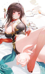 1girl :/ bare_shoulders barefoot blunt_bangs breasts brown_hair closed_mouth colored_extremities commentary fantongjun fuyuan_(honkai:_star_rail) hair_ornament highres honkai:_star_rail honkai_(series) large_breasts lingsha_(honkai:_star_rail) long_hair looking_at_viewer lying nail_polish navel on_back presenting_foot red_eyes red_feet red_hands solo thighs toenail_polish toenails