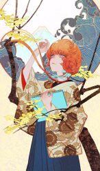 1girl aqua_bow arm_up blue_eyes blue_hakama bow brown_kimono commentary cowboy_shot fate/grand_order fate_(series) fine_art_parody flat_color floral_print floral_print_kimono flower hair_bow hakama hakama_skirt holding holding_sketchbook japanese_clothes kimono long_sleeves looking_up mount_fuji nihonga official_art orange_hair parody parted_lips print_kimono short_hair_with_long_locks sketchbook skirt solo standing third-party_source van_gogh_(fate) van_gogh_(mt._fuji_pilgrimage)_(fate) waves wide_sleeves yellow_flower yoco_(ocoy)