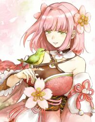Rule 34 | 1girl, asuka rkgk, bare shoulders, bird, bird on hand, breasts, cleavage, commentary request, detached sleeves, flower, green bird, green eyes, hair flower, hair ornament, japanese clothes, large breasts, long hair, long sleeves, looking at animal, mole, mole under eye, open mouth, pink flower, pink hair, rune factory, rune factory: guardians of azuma, smile, solo, ulalaka, wide sleeves