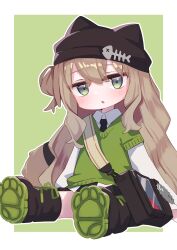 1girl :o animal_ears animal_hat bag beanie black_necktie black_shoes black_skirt blush boots border brown_hair cat_hat chibi collared_shirt dress_shirt fake_animal_ears full_body green_background green_eyes green_shoes green_sweater green_vest hair_between_eyes hair_bun hat highres kipfel_(vrchat) layered_sleeves long_hair long_sleeves looking_at_viewer necktie one_side_up open_mouth outline parted_lips pleated_skirt puffy_sleeves shirt shoe_soles shoes short_over_long_sleeves short_sleeves shoulder_bag simple_background single_hair_bun single_side_bun sitting six_box skirt sleeves_past_wrists solo sweater sweater_vest two-tone_background very_long_hair vest vrchat white_background white_border white_outline white_shirt