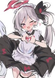 1girl blue_archive breasts flower grey_hair hair_flower hair_ornament halo heart heart_hands highres long_hair maid mutsuki_(blue_archive) one_eye_closed open_mouth purple_eyes red_halo side_ponytail simple_background skirt small_breasts smile solo unfinished very_long_hair xeneca