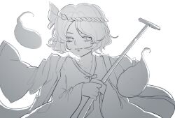 1other androgynous bow bowtie chinese_commentary closed_mouth collarbone commentary_request eyelashes fujiwara_no_iyozane ghost gougongzhineng greyscale hachimaki hair_ribbon haori headband highres holding holding_oar jacket jacket_on_shoulders japanese_clothes kimono len&#039;en light_smile lips long_sleeves monochrome oar other_focus ribbon short_hair simple_background solo upper_body white_background wide_sleeves