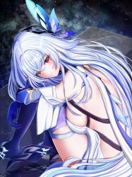 1girl absurdres artist_name back backless_dress backless_outfit bare_shoulders breasts commentary_request crossed_bangs dress genshin_impact hair_between_eyes hair_ornament head_on_knees high_heels highres hugging_own_legs knees_up large_breasts long_hair looking_at_viewer night night_sky partial_commentary prosthesis prosthetic_arm prosthetic_leg red_eyes shirt short_dress sideboob sitting skirk_(genshin_impact) sky smile solo star_(sky) starry_sky user_fwuk5773 very_long_hair white_dress white_shirt