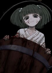 Rule 34 | 1girl, black background, blood, blood on clothes, blood on face, blood on hands, blood splatter, bucket, collarbone, fingernails, green eyes, green hair, green nails, hair bobbles, hair ornament, highres, horror (theme), in bucket, in container, japanese clothes, kimono, kisume, long fingernails, looking at viewer, looking down, short hair, smile, solo, touhou, twintails, twitter username, watage milktea, white kimono, wooden bucket