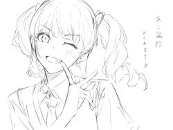 Rule 34 | 1girl, bang dream!, blush, clenched teeth, drill hair, greyscale, hand up, haneoka school uniform, highres, kanade (kanade 3344), looking at viewer, monochrome, one eye closed, school uniform, sketch, smile, solo, teeth, translation request, twin drills, twintails, udagawa ako, upper body