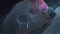 Rule 34 | 2girls, absurdres, alien stage, black hair, commentary, dress, gem, girl on top, glasses, haiphokyuu, hand on another&#039;s chin, hashtag-only commentary, highres, long hair, lying, mizi (alien stage), mouth hold, multiple girls, on back, pink hair, purple eyes, red gemstone, round eyewear, sleeveless, sleeveless dress, strap slip, sua (alien stage), white dress, yellow eyes, yuri