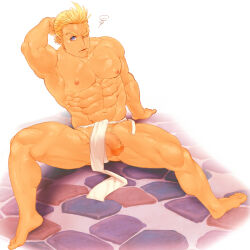 1boy abs bad_id bad_pixiv_id bara blonde_hair character_request clothing_aside fallen_down final_fantasy final_fantasy_vi from_above full_body fundoshi fundoshi_aside half-erect japanese_clothes large_pectorals long_sideburns looking_at_viewer male_focus male_pubic_hair mature_male muscular muscular_male navel nipples obliques one_eye_closed pectorals penis ponytail pubic_hair pubic_hair_peek shiny_skin short_hair short_ponytail sideburns spread_legs squiggle stomach strongman_waist thick_eyebrows thick_thighs thighs topless_male usada_(usaddd)