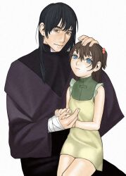 1boy 1girl bandaged_arm bandages black_hair blue_eyes brown_eyes brown_hair dress expressionless headpat highres holding_hands kennomou light_smile long_hair original robe sitting sitting_on_lap sitting_on_person