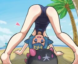 1girl :d animal_print bare_legs barefoot beach blue_eyes blue_hair body_bridge bright_pupils cameltoe cloud collarbone commentary_request day fish_print gen_1_pokemon gen_7_pokemon highres lana_(pokemon) lapras looking_back nintendo no_sclera one-piece_swimsuit open_mouth outdoors palm_tree pokemon pokemon_(creature) pokemon_sm pyukumuku revision sand shore short_hair sky smile sweatdrop swimsuit takamame tree water white_pupils