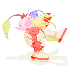 1boy bad_tag big_nose blue_pikmin blue_skin brown_hair closed_eyes colored_skin group_hug happy highres hug leaf leaning_back leg_up nintendo olimar olimin pikmin_(series) pointy_ears pointy_nose red_pikmin red_skin shadow short_hair simple_background spacesuit surprised sweatdrop triangle_mouth very_short_hair white_background yellow_pikmin yellow_skin yu_pikmin