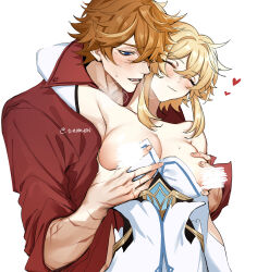 1boy 1girl blonde_hair blue_eyes blush censored closed_eyes couple cowboy_shot eriimyon genshin_impact groping hair_over_one_eye heart hetero highres lumine_(genshin_impact) open_mouth orange_hair red_shirt shirt short_hair simple_background sweat tartaglia_(genshin_impact) white_background