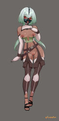 absurdres armbinder bare_shoulders breasts detached_collar drooling emerald_sustrai gag gagged garter_straps gluteal_fold green_hair grey_background highres long_hair lumpychan medium_breasts nipples open_mouth original panel_gag piercing pussy red_eyes rwby sandals standing thighhighs thighs tongue tongue_out tongue_piercing very_long_hair