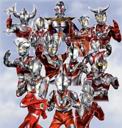 Rule 34 | 2girls, 6+boys, alien, armlet, armor, astra (ultra series), beard, belt buckle, blue sky, breastplate, breasts, buckle, buttons, cape, cloud, cloudy sky, collarbone, color timer, colored skin, commentary, compound eyes, crest, cropped torso, crown, dorsal fin, dumbbell, everyone, eye slugger, facial hair, father of ultra, fighting stance, forehead jewel, gem, gloves, glowing, glowing eyes, gradient eyes, green gemstone, green star, hanejidyna86, highres, holding, holding dumbbell, holding weapon, horns, in-franchise crossover, jewelry, kaette kita ultraman, knee up, large pectorals, legs apart, looking ahead, looking at viewer, looking down, looking to the side, mother of ultra, multicolored eyes, multicolored skin, multiple boys, multiple girls, muscular, muscular male, outdoors, own hands together, pectorals, purple skin, red eyes, red gloves, red skin, short twintails, shoulder armor, silver gloves, silver skin, sky, standing, the ultraman (anime), thighlet, tokusatsu, toned, toned male, twintails, twitter username, ultra bracelet, ultra series, ultraman, ultraman (1st series), ultraman 80, ultraman 80 (series), ultraman ace, ultraman ace (series), ultraman jack, ultraman joneus, ultraman king, ultraman leo, ultraman leo (series), ultraman tarou, ultraman tarou (series), ultraseven, ultraseven (series), weapon, white eyes, wrinkled skin, yellow eyes, yullian, zoffy (ultra series)