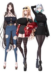 Rule 34 | 3girls, absurdres, argyle clothes, argyle thighhighs, bare shoulders, belt, black footwear, black shorts, black skirt, black sweater, blonde hair, blue pants, blush, breasts, brown hair, brown pantyhose, brown thighhighs, cleavage, collar, denim, earrings, eyewear on head, full body, green eyes, grey hair, heart, heart earrings, high-waist shorts, high-waist skirt, highres, huge breasts, jeans, jewelry, large breasts, long hair, long sleeves, looking at viewer, multiple girls, off shoulder, original, pants, pantyhose, parted bangs, pencil skirt, platform footwear, purple eyes, red eyes, shiroshisu, short hair, shorts, skirt, smile, sunglasses, sweater, thighhighs, torn clothes