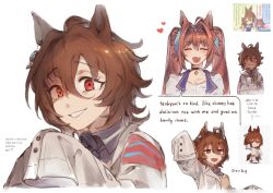 Rule 34 | 2girls, agnes tachyon (umamusume), ahoge, animal ears, arm up, black choker, black necktie, black shirt, breasts, brown hair, chemical structure, choker, closed eyes, closed mouth, coat, collared shirt, commentary request, earrings, english text, fang, game screenshot inset, hair between eyes, hair intakes, heart, highres, hiru315, holding, holding plate, horse ears, horse girl, huge ahoge, jacket, jewelry, lab coat, long hair, multiple girls, multiple views, necktie, official art inset, open clothes, open coat, open mouth, panties, photoshop (medium), pink panties, plate, red eyes, reference inset, school uniform, shirt, short necktie, simple background, single earring, skin fang, sleeves past fingers, sleeves past wrists, smile, speech bubble, starting future (umamusume), steam, suit jacket, tracen school uniform, twintails, umamusume, underwear, very long hair, white background, white coat, white shirt