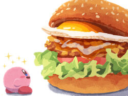 blue_eyes blush_stickers bread burger commentary egg_(food) food highres kirby kirby_(series) lettuce meat miclot nintendo no_humans open_mouth simple_background smile sparkle tomato white_background