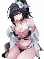 1girl 92b58 abigail_(black_survival) bare_shoulders bikini black_bikini black_choker black_hair black_survival blush breasts character_doll choker cleavage closed_mouth collarbone colored_inner_hair commentary_request doll dr._nadja eternal_return:_black_survival expressionless eyewear_on_head flower green_eyes hair_between_eyes hair_flower hair_intakes hair_ornament hairclip heart heart-shaped_eyewear heart_o-ring high_ponytail highres jacket key key_choker korean_commentary large_breasts layered_bikini long_hair long_sleeves looking_at_viewer multicolored_hair nail_polish navel o-ring o-ring_bikini off_shoulder official_alternate_costume open_clothes open_jacket parallel_hairclips pink_bikini pink_nails ponytail purple_hair simple_background sitting solo stomach streaked_hair string_bikini sunglasses swept_bangs swimsuit thighs tinted_eyewear very_long_hair wet white_background white_jacket