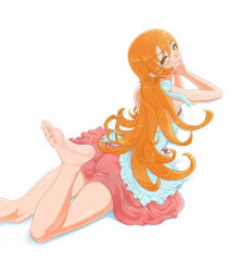 1girl absurdres bakemonogatari barefoot blonde_hair feet highres long_hair looking_at_viewer lying monogatari_(series) on_stomach oshino_shinobu pointy_ears shyiek_art soles toes yellow_eyes