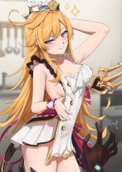 1boy 1girl :q aether_(genshin_impact) arm_up blonde_hair blue_eyes blush breasts commentary cowboy_shot dress escoffier_(genshin_impact) genshin_impact hat highres indoors kauru00 long_hair looking_at_viewer mechanical_tail medium_breasts solo_focus sparkle tail tongue tongue_out white_dress white_hat