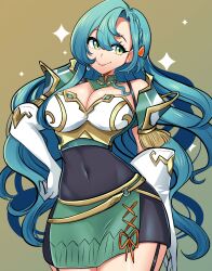Rule 34 | 1girl, absurdres, aqua hair, armor, bare shoulders, bodystocking, bow, braid, breastplate, breasts, chloe (fire emblem), cleavage, covered navel, fire emblem, fire emblem engage, gloves, green eyes, highres, large breasts, long hair, looking at viewer, missandydandy, nintendo, orange bow, shoulder armor, side braid, smile, solo, teardrop earrings, white gloves