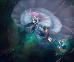 Rule 34 | 10s, 5girls, akemi homura, akemi homura (magical girl), alternate hairstyle, blonde hair, blue hair, dress, gloves, highres, kaname madoka, long hair, lying, magical girl, mahou shoujo madoka magica, mahou shoujo madoka magica (anime), miki sayaka, miki sayaka (magical girl), multiple girls, nemeko, on side, pink hair, red hair, sakura kyoko, sakura kyoko (magical girl), short hair, sleeping, space, spoilers, tears, tomoe mami, tomoe mami (magical girl), twintails, ultimate madoka, very long hair