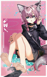 1girl absurdres animal_ear_fluff animal_ears arknights barefoot black_jacket blue_eyes earrings feet fox_ears fox_girl fox_tail full_body highres jacket jewelry kakyouin2002 long_hair looking_at_viewer skirt soles sussurro_(arknights) tail toes