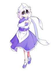 1girl alphes_(style) apron blush bobby_socks breasts commentary_request dairi frilled_skirt frills full_body hair_between_eyes hat highres large_breasts large_variant_set letty_whiterock long_sleeves parody purple_shirt purple_shoes purple_skirt shaded_face shirt shoes short_hair skirt skirt_set socks solo standing style_parody tachi-e touhou transparent_background triangular_headpiece turtleneck undershirt variant_set waist_apron white_apron white_hair white_hat white_shirt white_socks