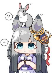... 1girl animal animal_ears animal_on_head blue_eyes blunt_bangs blush chrono_genesis_(umamusume) collarbone commentary grey_hair hair_between_eyes hair_ornament horse_ears horse_girl looking_at_viewer on_head rabbit solo symbol-only_commentary temu_(kobaeihuk) umamusume white_background