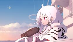 1girl absurdres ahoge animal_hood azur_lane binoculars chang_chun_(azur_lane) chinese_commentary closed_mouth cloud commentary_request crescent_moon fang from_side hair_ornament hairclip hand_up highres holding holding_binoculars hood long_hair long_sleeves moon red_eyes sidelocks skin_fang solo starnight_stuka sunrise tiger_hood white_hair