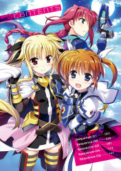 Rule 34 | 3girls, :d, amitie florian, belt, black bodysuit, black dress, black gloves, black legwear, black ribbon, blonde hair, blue eyes, blue sky, blush, bodysuit, braid, braided ponytail, breasts, brown belt, brown gloves, cape, cloud, cloudy sky, dress, elbow gloves, english text, fate testarossa, fate testarossa (blaze form ii), fingerless gloves, fujima takuya, gauntlets, gloves, green eyes, gun, hair between eyes, hair ribbon, highres, holding, holding gun, holding hands, holding unworn cape, holding unworn clothes, holding weapon, juliet sleeves, light brown hair, long sleeves, looking at viewer, looking to the side, lyrical nanoha, mahou shoujo lyrical nanoha, mahou shoujo lyrical nanoha the movie 3rd: reflection, multicolored cape, multicolored gloves, multiple girls, multiple moons, neon trim, night, official art, open clothes, open mouth, open skirt, outdoors, overskirt, pink hair, pink skirt, puffy sleeves, purple cape, red cape, red eyes, ribbon, scan, short dress, short twintails, shoulder pads, single braid, skirt, sky, sleeveless, small breasts, smile, striped clothes, striped legwear, striped thighhighs, table of contents, takamachi nanoha, takamachi nanoha (exelion mode modified), thighhighs, trigger discipline, twintails, unworn cape, variant zapper, weapon, white cape, white dress, white ribbon, zettai ryouiki