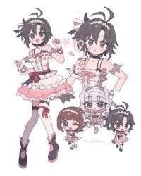 3girls :d :o alstroemeria_(idolmaster) amami_haruka antenna_hair armband bare_shoulders black_choker black_hair black_shoes borrowed_clothes chibi chibi_inset choker closed_mouth collarbone dot_nose dress eyelashes flipped_hair frilled_dress frills full_body green_eyes grey_armband grey_eyes hair_intakes hair_ribbon hairband hand_on_own_hip highres idol_clothes idolmaster idolmaster_(classic) idolmaster_million_live! idolmaster_million_live!_theater_days idolmaster_shiny_colors in-franchise_crossover index_finger_raised kikuchi_makoto lace_hairband leg_ribbon light_blush long_hair looking_at_viewer medium_hair messy_hair multiple_girls multiple_views one_eye_closed open_mouth pnt_0202 red_ribbon ribbon shijou_takane shoes short_hair sidelocks smile solo_focus thigh_ribbon thighhighs upper_body wavy_hair white_background white_dress white_hair white_hairband white_thighhighs wishful_lily_(idolmaster)