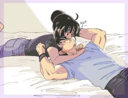 Rule 34 | 1boy, 1girl, arms around neck, bare arms, bed, biceps, black eyes, black hair, black shirt, blue shirt, blunt bangs, border, chi-chi (dragon ball), chi (cmon 57), commentary request, couple, denim, double-parted bangs, dragon ball, dragonball z, dutch angle, eyelashes, fingernails, hair bun, hand on another&#039;s head, hands on another&#039;s chest, hands up, head back, heads together, hetero, husband and wife, jeans, looking at another, looking down, looking up, lying, muscular, muscular male, on back, on bed, on stomach, pants, purple border, shade, shirt, short sleeves, sidelighting, single hair bun, son goku, sunlight, wristband