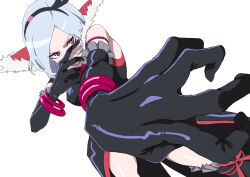 Rule 34 | 1girl, armlet, black coat, black gloves, black thighhighs, coat, covered mouth, eas (fresh precure!), elbow gloves, fighting stance, foreshortening, fresh precure!, frills, fur trim, gloves, grey hair, gya-tei, hairband, higashi setsuna, highres, jewelry, looking at viewer, parted bangs, precure, red eyes, serious, short hair, simple background, sleeveless, sleeveless coat, solo, tailcoat, thighhighs, white background