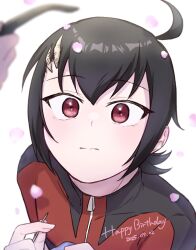 1boy 1girl ahoge black_hair brendan_(pokemon) closed_mouth commentary_request dated falling_petals happy_birthday highres holding looking_up nintendo petals pokemon pokemon_adventures red_eyes red_shirt shirt short_hair solo_focus split_mouth tsukimi_(tkm_516) zipper_pull_tab