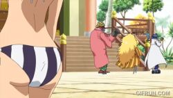 1girl 3boys animated animated_gif ass bikini dr._indigo gorilla huge_ass kinjishi_no_shiki multiple_boys nami_(one_piece) one_piece one_piece:_strong_world orange_hair plant scarlet_(one_piece) striped_bikini striped_clothes swimsuit towel tree