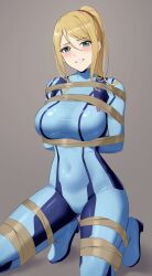 1girl absurdres amayo_thranana arms_behind_back blonde_hair blue_eyes blush bodysuit breasts clenched_teeth commentary_request covered_navel grey_background hair_between_eyes highres impossible_bodysuit impossible_clothes kneeling large_breasts long_hair metroid nintendo ponytail samus_aran shibari shibari_over_clothes simple_background skin_tight solo swept_bangs teeth variant_set zero_suit