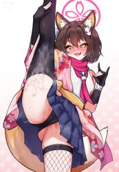1girl animal_ear_fluff animal_ears black_gloves black_panties black_thighhighs blue_archive blue_skirt blush breasts brown_hair cameltoe commentary commission cum cum_on_body cum_on_legs fishnet_thighhighs fishnets fox_ears fox_girl fox_hair_ornament fox_shadow_puppet fox_tail gloves halo highres izuna_(blue_archive) japanese_clothes kimono kneepits large_variant_set long_sleeves looking_at_viewer matsumaramara miniskirt mismatched_thighhighs neckerchief open_mouth paid_reward_available panties partially_fingerless_gloves pink_halo pink_kimono pink_neckerchief pink_scarf pixiv_commission pleated_skirt scarf shirt skindentation skirt small_breasts solo split standing standing_on_one_leg standing_split tail thighhighs underwear variant_set white_shirt wide_sleeves yellow_eyes